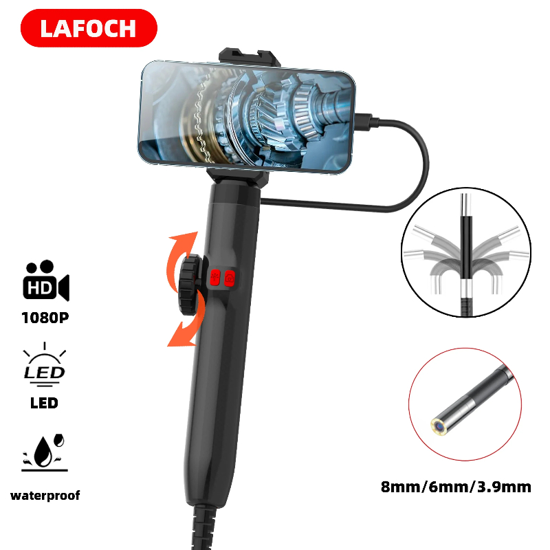 3.9mm/6.2mm/8.5mm 360° Articulating Borescope Endoscope Camera with Light, Endoscope with Android/iOS Phone