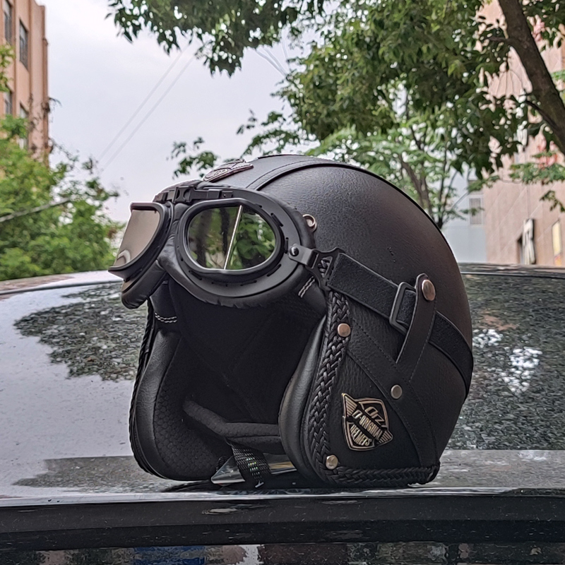 ORZ Retro Leather 3/4 Open Half Helmet Motorcycle Helmet Lightweight Adult Vantage Jet Helmet, DOT Certified for Men and Women