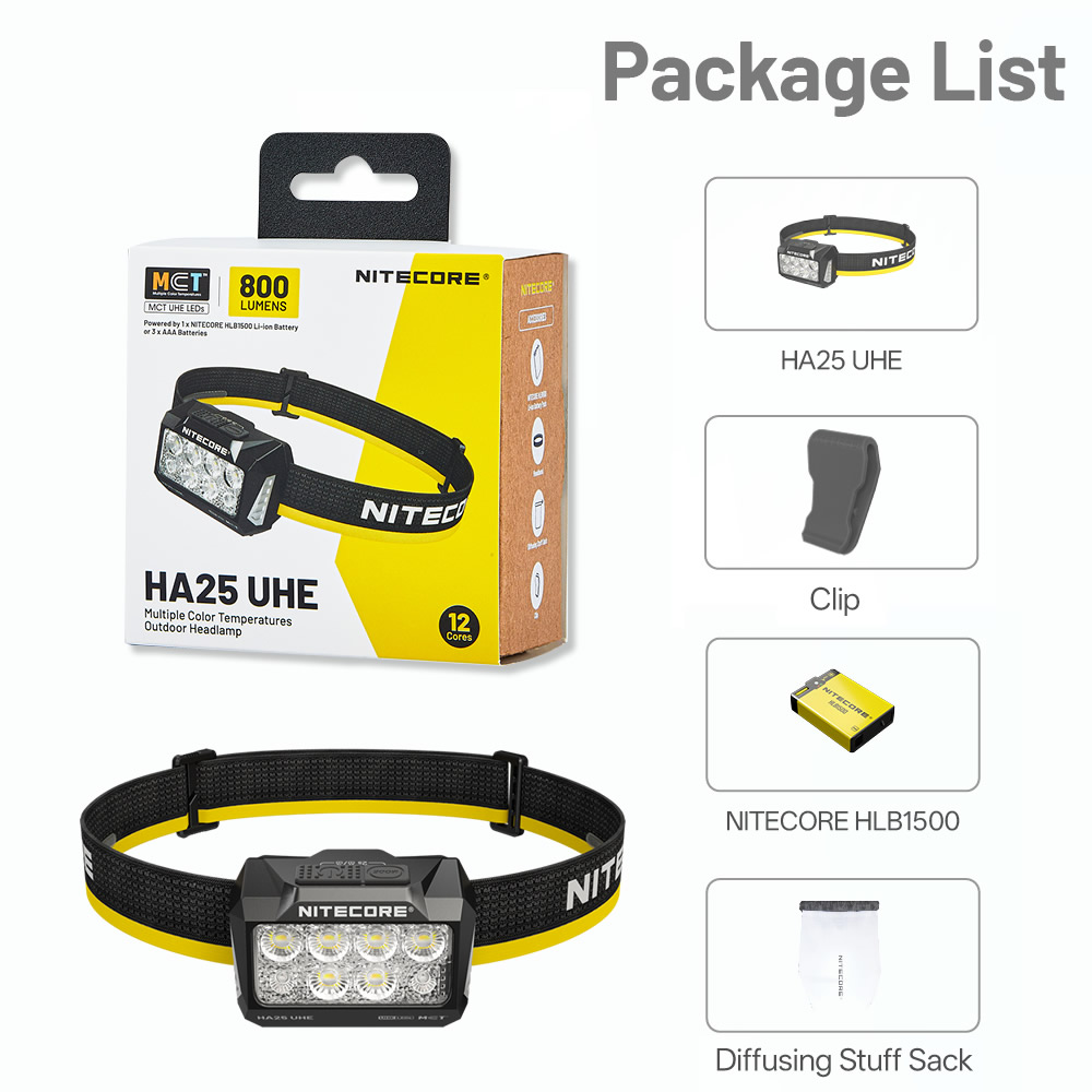 Nitecore HA25UHE Multiple Color Temperatures Outdoor Headlamp + HLB1500 Rechargeable Battery Lightweight 800 Lumens Running