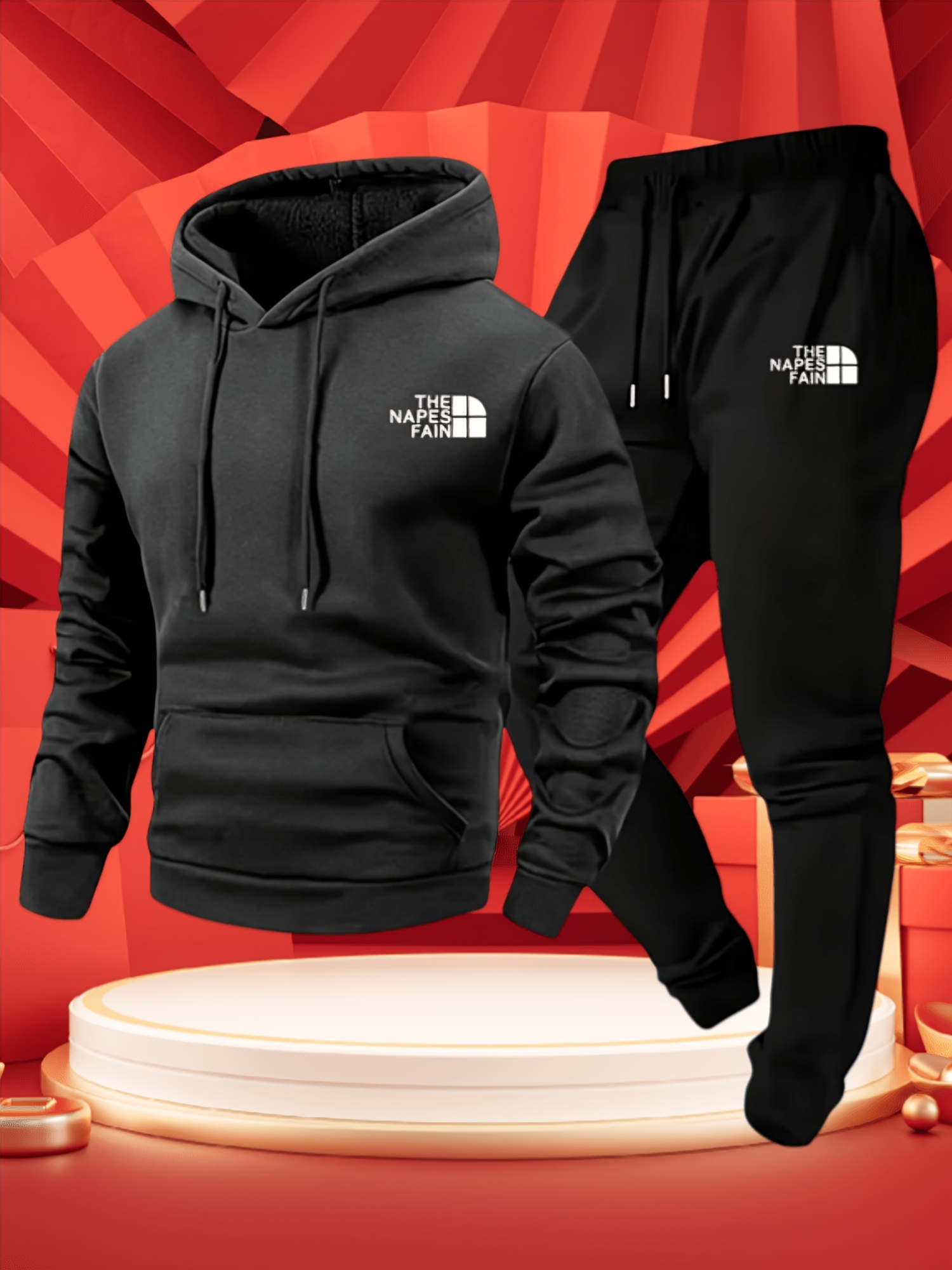 Men's 100% Polyester Fleece Lined 2Pcs Set, Printed Hoodie & Cuffed Sweatpants, Warm Casual Outfit for Running Home Wear