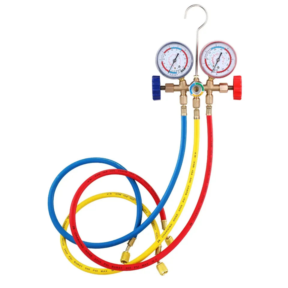 Air Conditioning Pressure Gauge with Hose and Hook 3 Way AC Diagnostic Manifold Gauge Set for Freon For R12 R22 R404A R134a