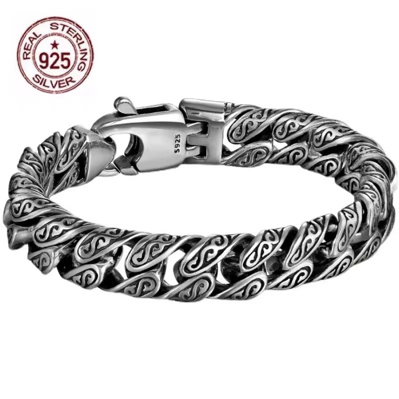 Real S925 Sterling Silver Personality Tang Grass Pattern Men's and Women's Retro Hip Hop Bracelet Fashion Certified Jewelry Gift