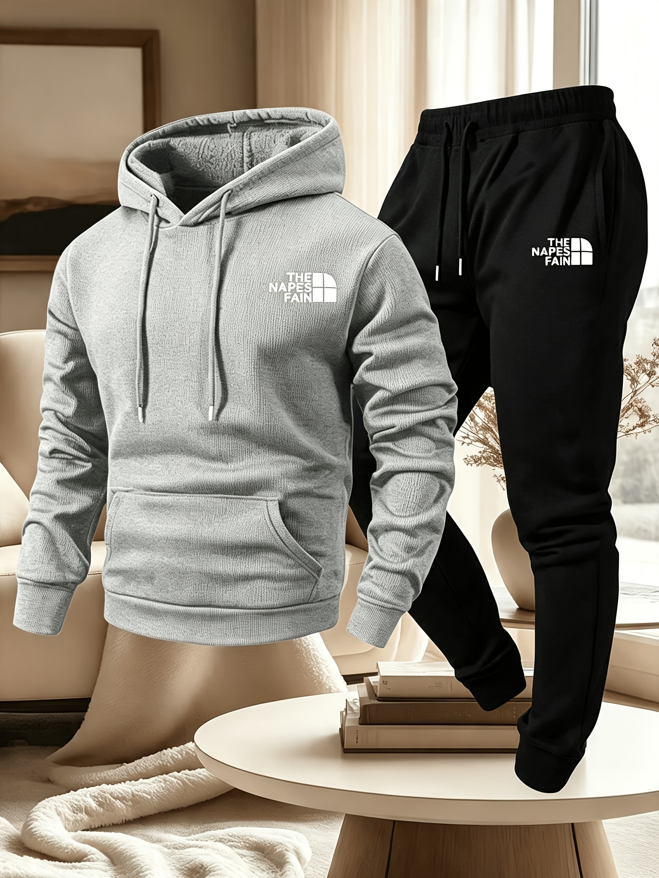 2026 Men 2 Piece Sports Tracksuit Simple Mountain Graphic Print Hoodie + Jogger Pants Casual Loose Autumn Winter Outdoor Outfit