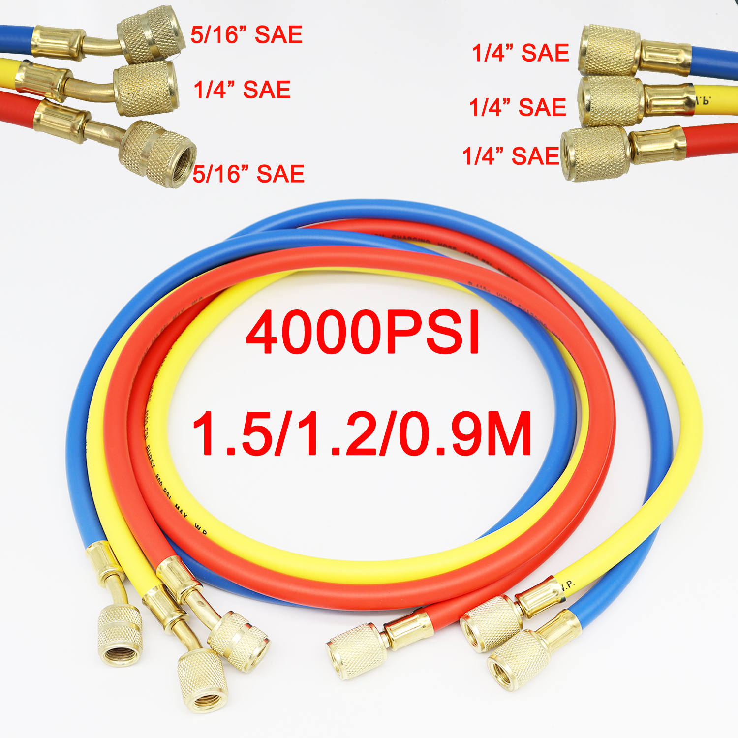 R410a Refrigerant AC Charging Hose Set 3 Colors 1/4" SAE-5/16 SAE Thread 800-4000 PSI Working Pressure Fits for R134a HVAC